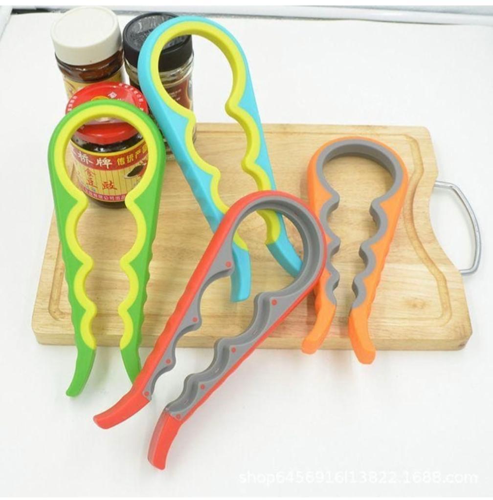 Apribottiglie multifunzione in silicone, manici rosso, verde, arancione e blu con inserti grigi