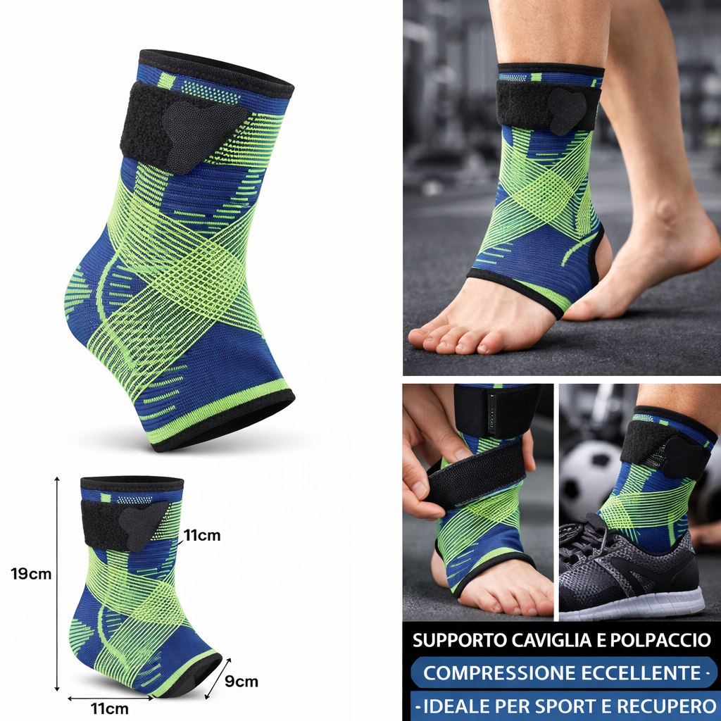 Cavigliera blu e verde con supporto nero, vista laterale e applicazione