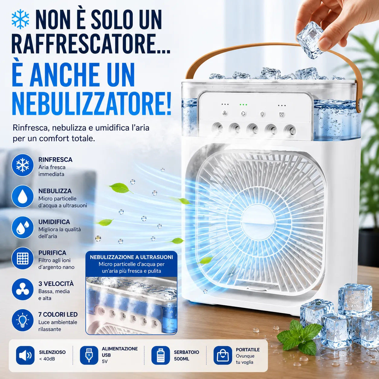 Mini Raffrescatore Condizionatore Portatile USB-C con Nebulizzatore LED 7 Colori