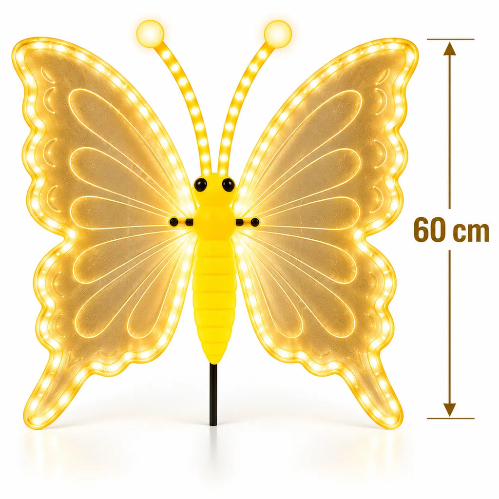 Farfalla LED decorativa bianco caldo con asta, sagoma farfalla e altezza 60 cm