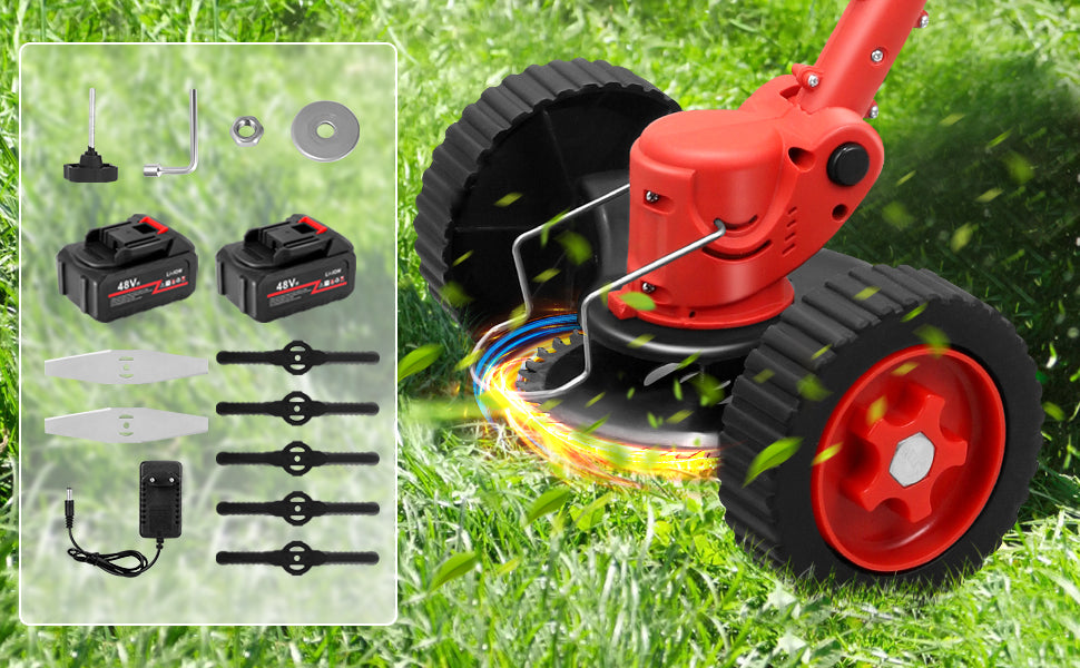 Decespugliatore a batteria 48V con testa rotonda e lama, ruota grande e fiamma di taglio