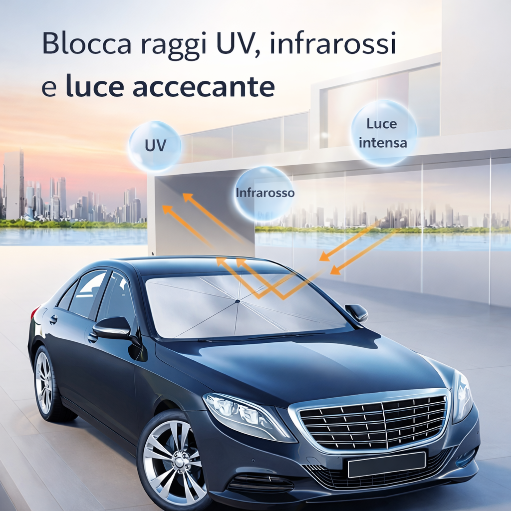 Parasole auto a ombrello nera aperta, stecche a raggi e manico centrale