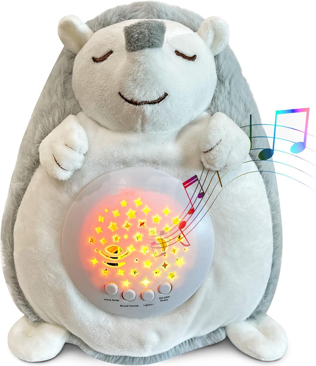 Riccio di peluche bianco e grigio con pannello proiettore tondo acceso, luci multicolore