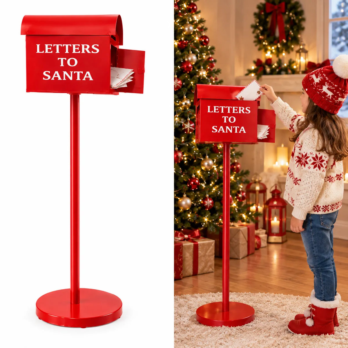 Cassetta postale natalizia rossa “LETTERS TO SANTA” su piedistallo rotondo