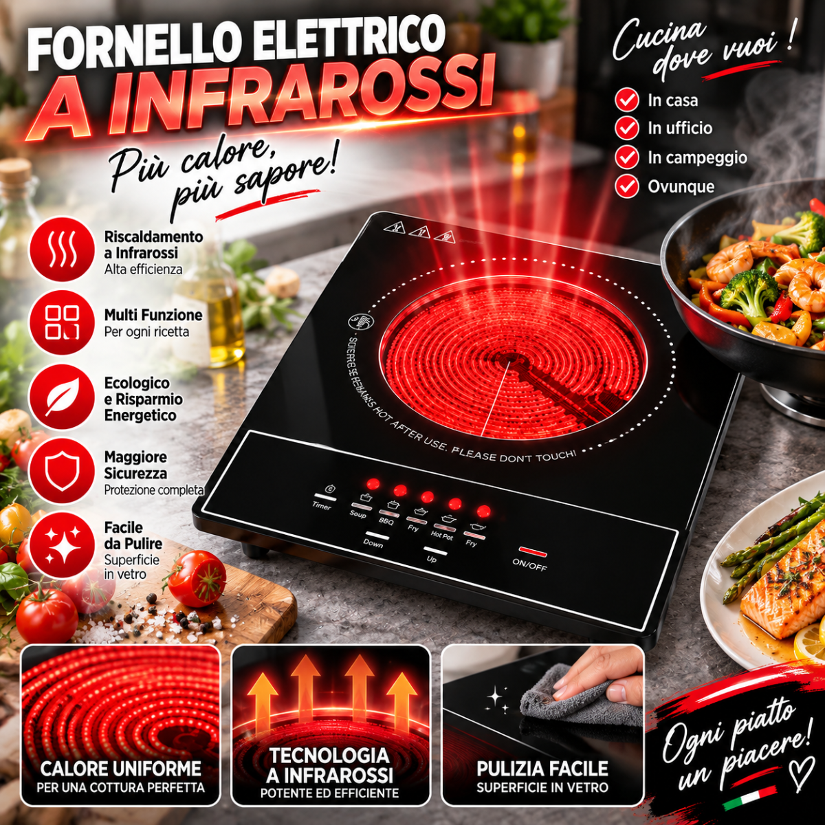 Piastra elettrica a infrarossi nera in vetroceramica con pannello comandi e zona rossa