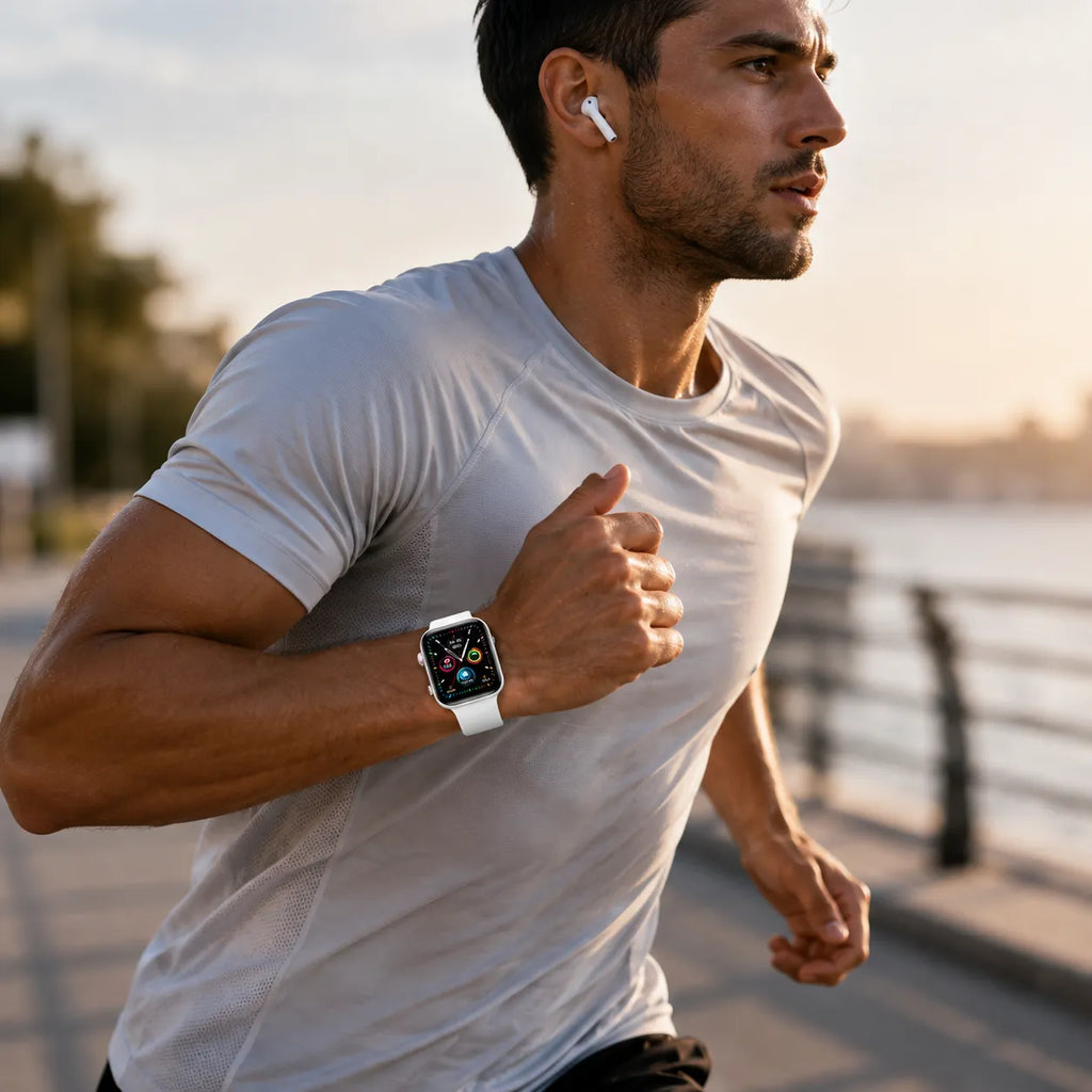 Smartwatch K10 con cinturino nero indossato al polso, schermo touch acceso durante sport.