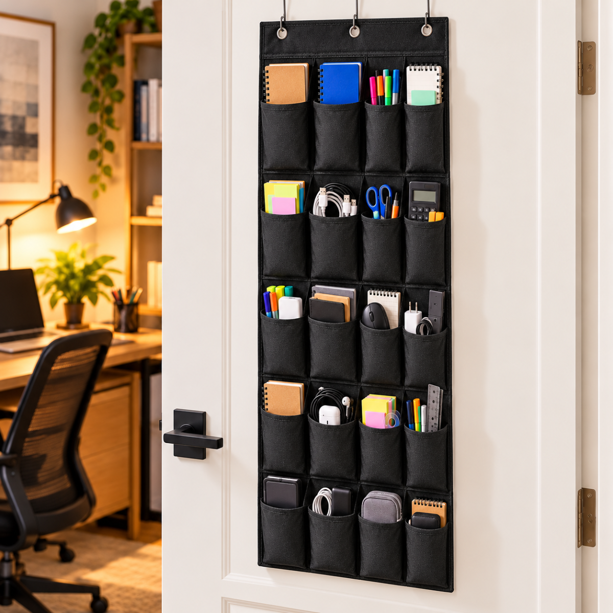 Organizer da parete con tasche nere per porta, penne, matite e cancelleria