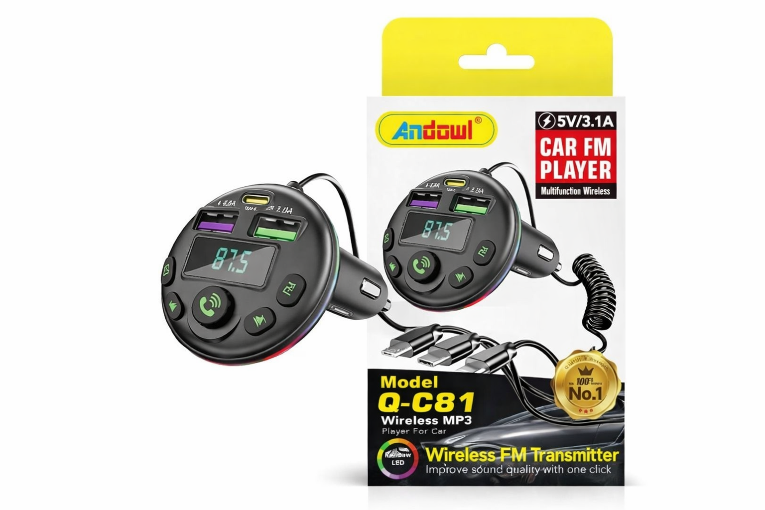 Confezione del trasmettitore FM Bluetooth per auto Andowl Q-C81 con accessori e cavi USB