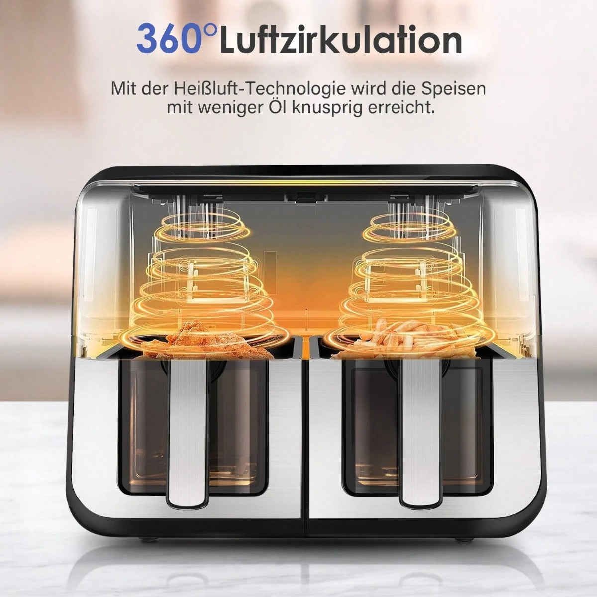 Friggitrice ad aria dual zone con resistenze superiori e due scomparti trasparenti.
