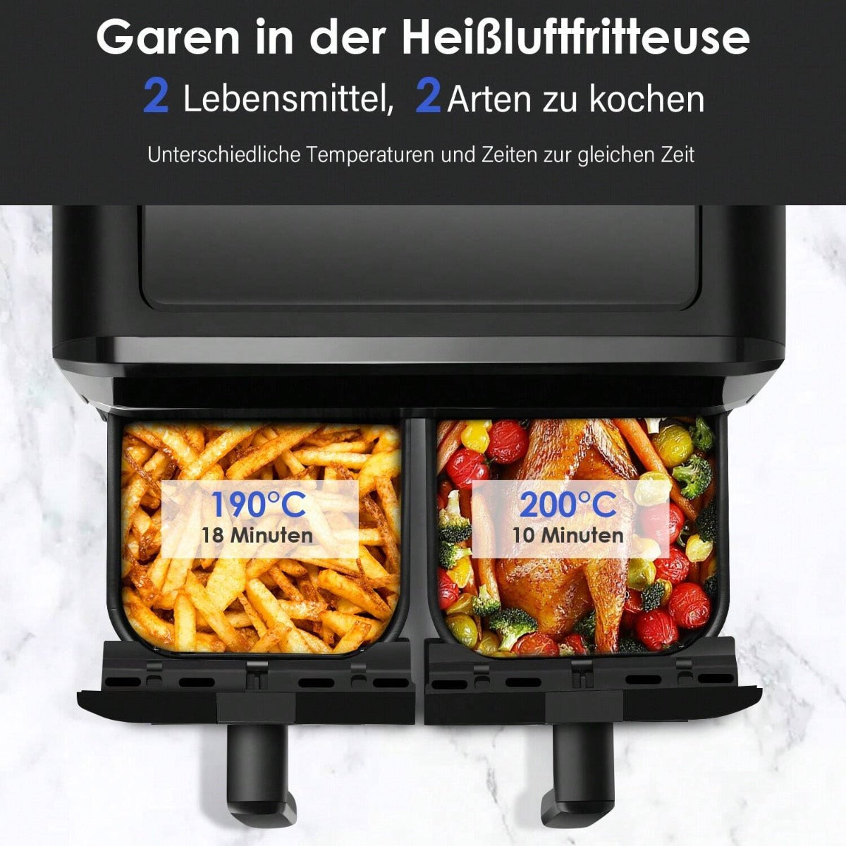 Friggitrice ad aria dual zone nera con due cestelli separati e scomparti aperti.