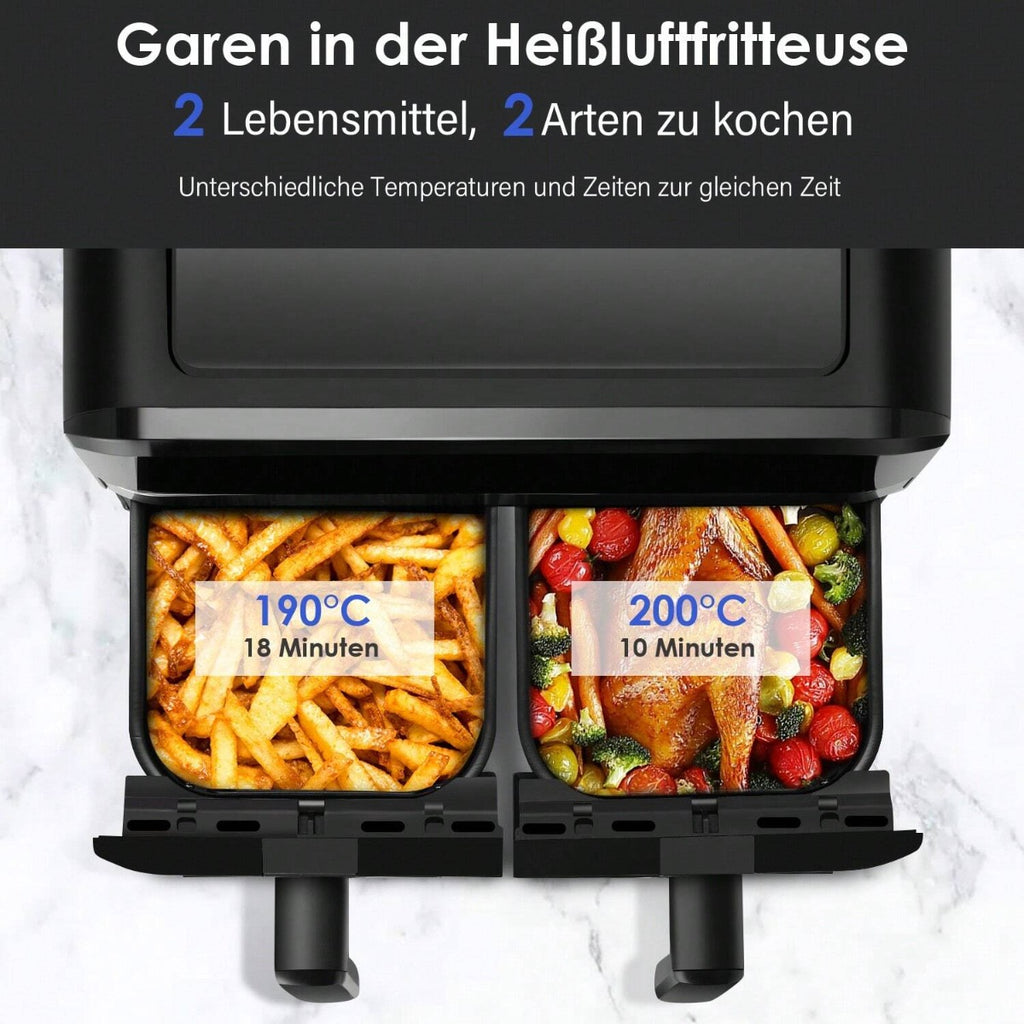 Friggitrice ad aria dual zone nera, due cestelli con temperature diverse sul display.