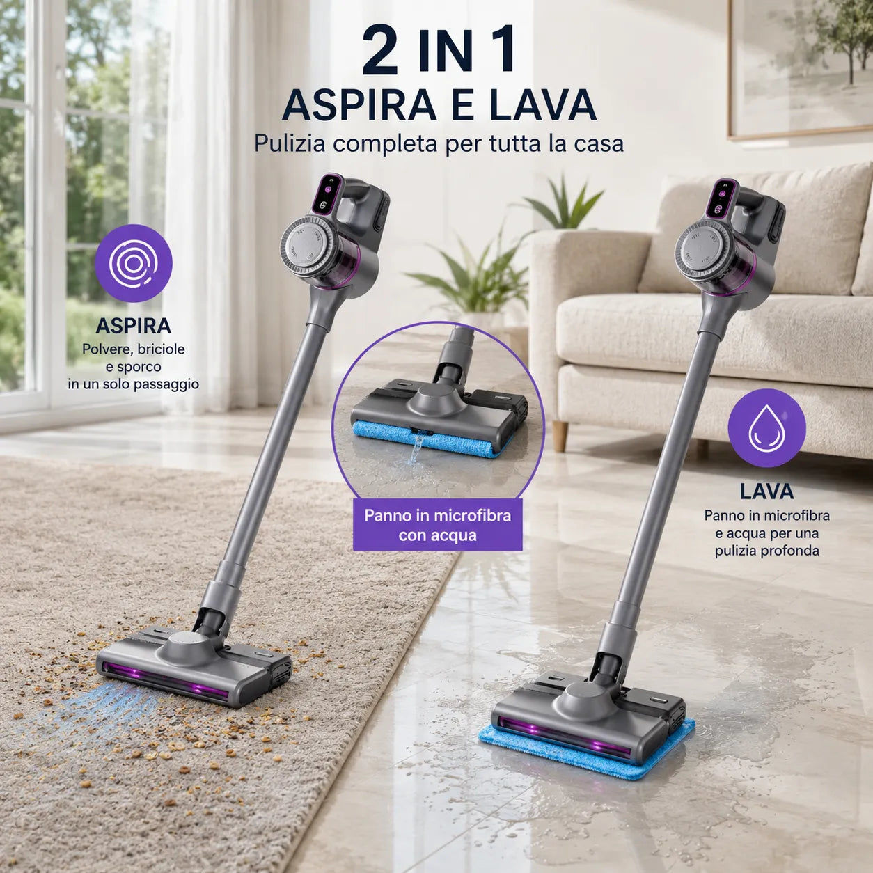 Aspirapolvere 2-in-1 senza fili con spazzola lavapavimenti e panno in microfibra