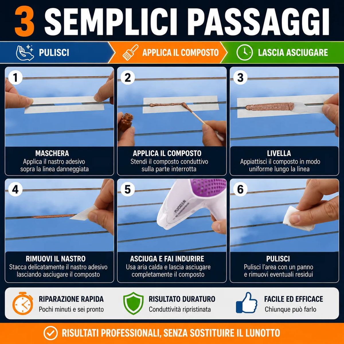 Kit riparazione sbrinatore lunotto: istruzioni di applicazione del composto e asciugatura