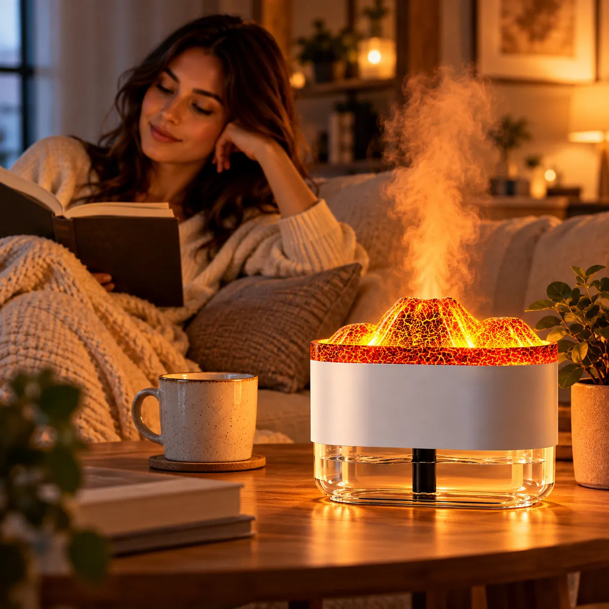 Diffusore di aromi con luce LED effetto vulcano e nebbia, serbatoio trasparente