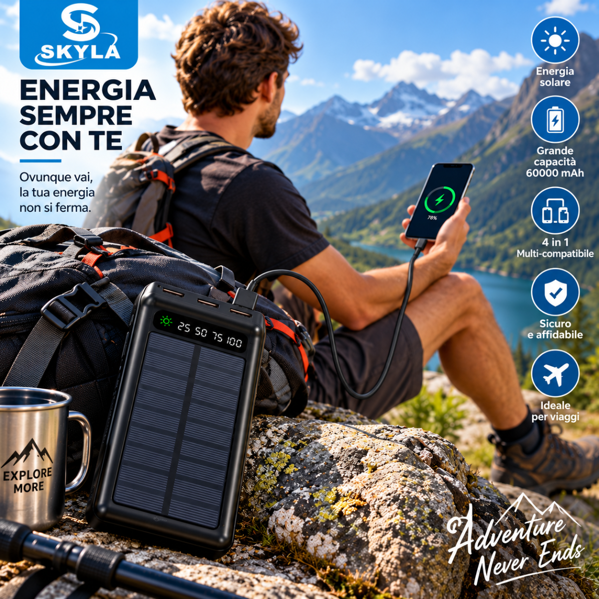 Power bank solare SKYLA SKY-2608 nero con pannello, display e ricarica smartphone.