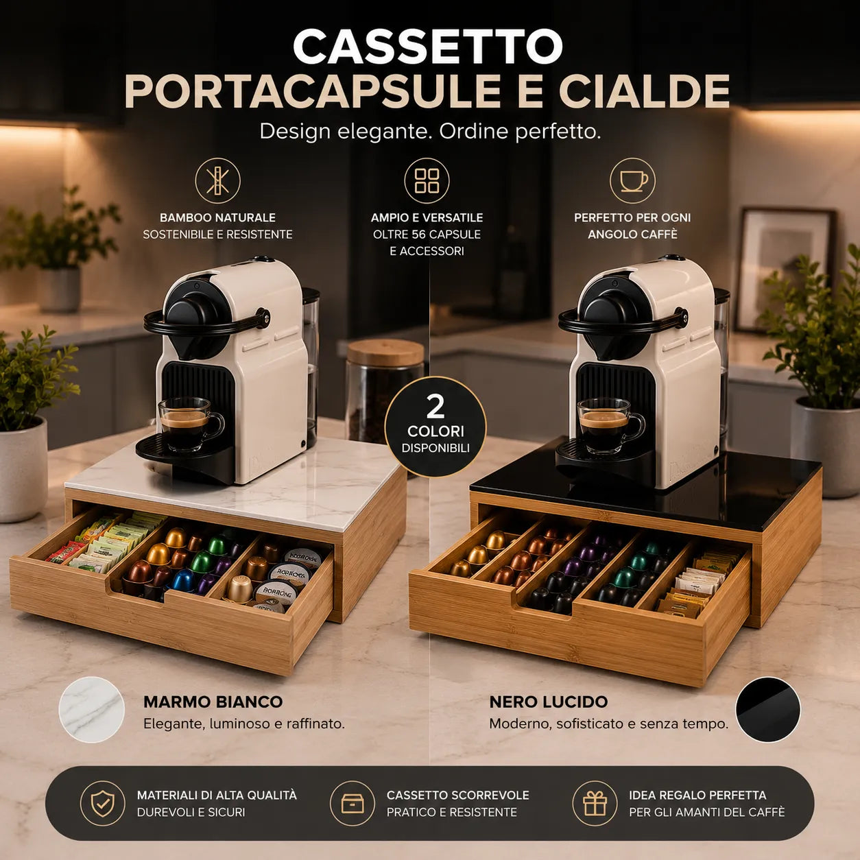 Cassetto portacapsule in bambù con piano in vetro, macchine caffè bianca e nera con cassetti