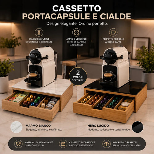 Cassetto portacapsule in bambù con piano in vetro, macchine caffè bianca e nera con cassetti