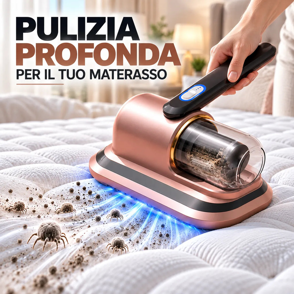 Aspirapolvere portatile rose gold con camera trasparente e luce blu su materasso