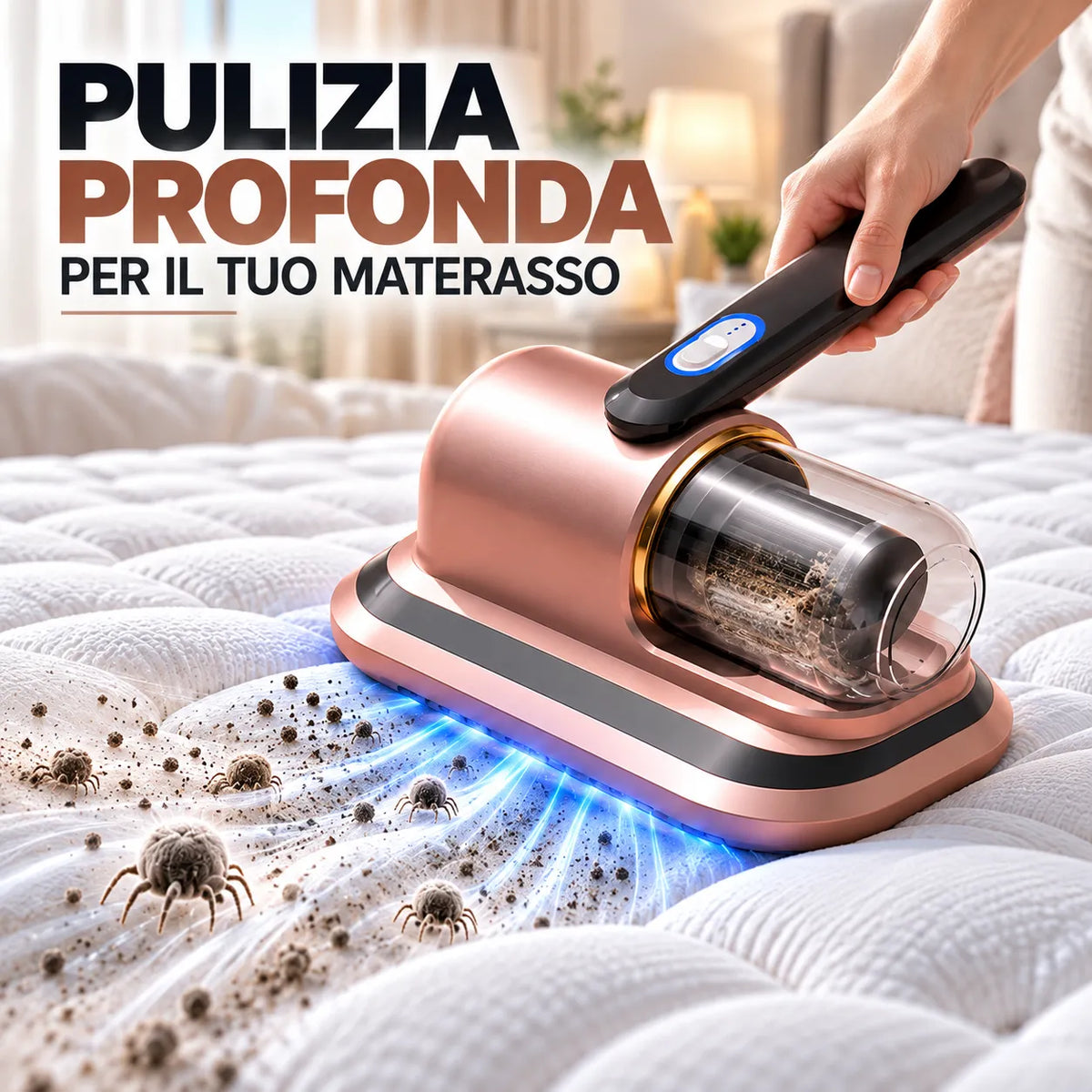 Aspirapolvere portatile rose gold con camera trasparente e luce blu su materasso