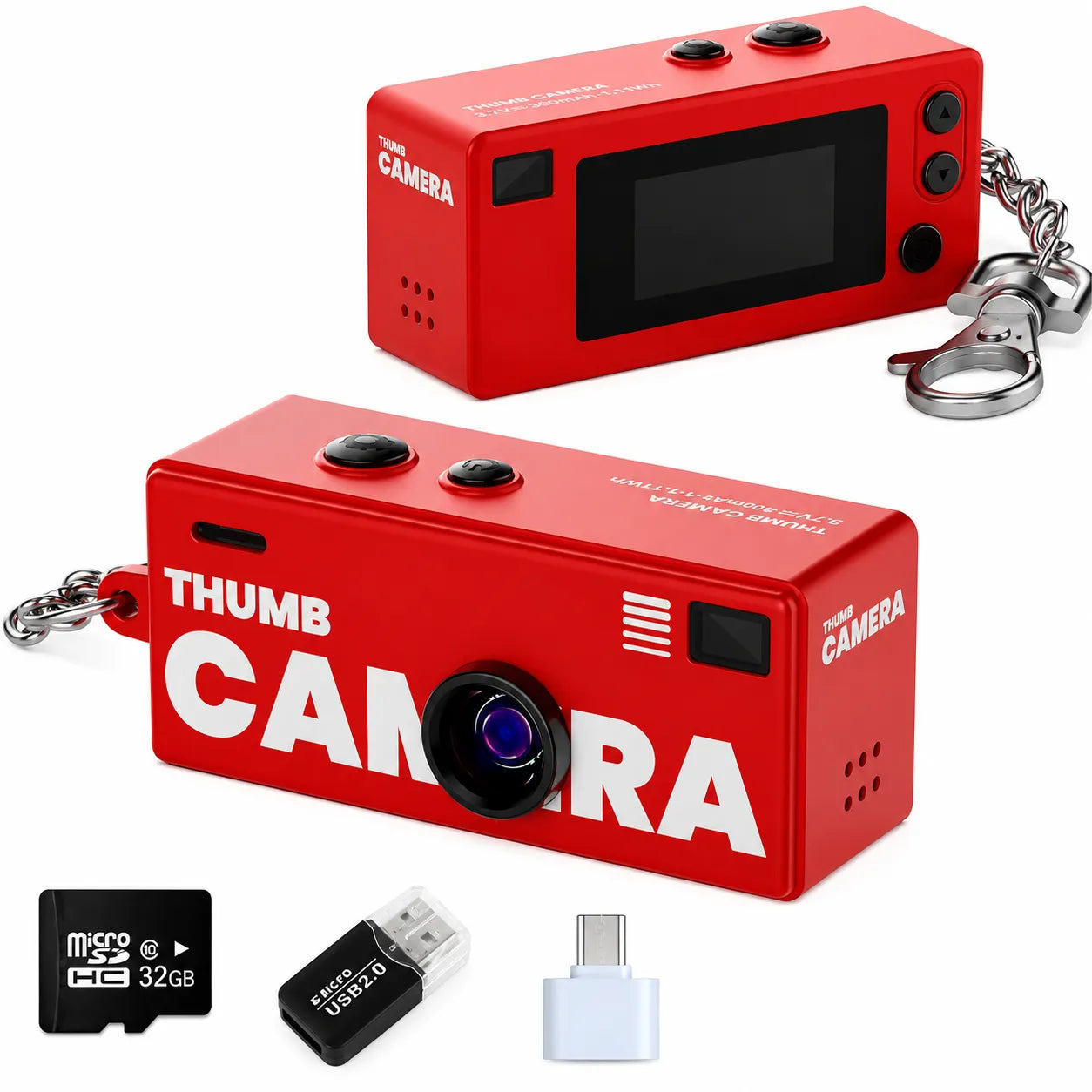 Mini fotocamera portatile retrò rossa con schermo LCD e portachiavi cromato