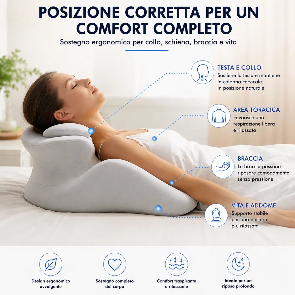 Cuscino ergonomico grigio per dormire con supporto testa, schiena e braccia