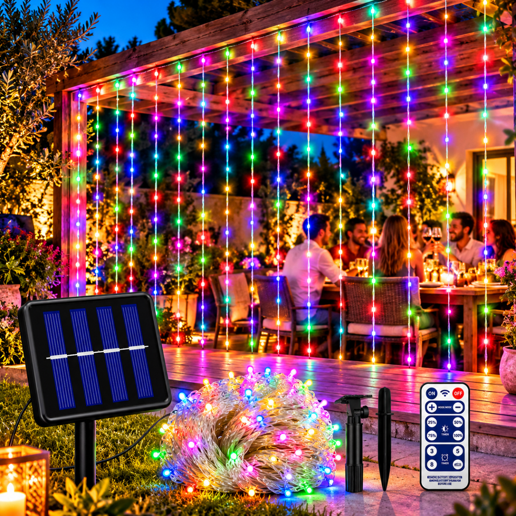 Luci a tenda LED multicolore su balcone con pannello solare e telecomando