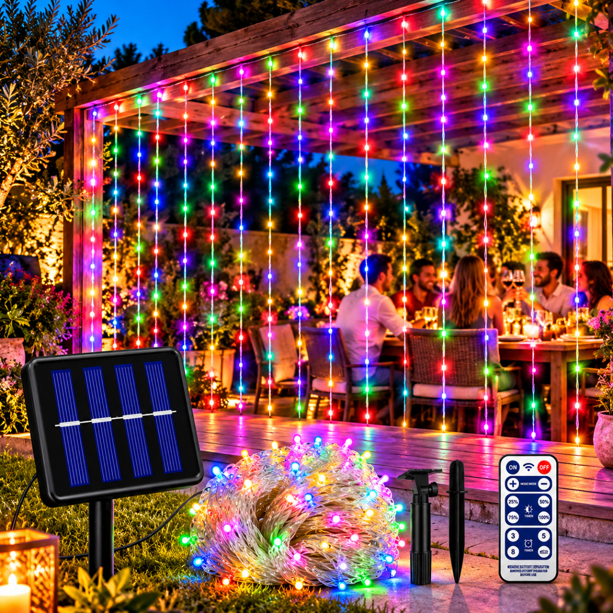 Luci a tenda LED multicolore su balcone con pannello solare e telecomando