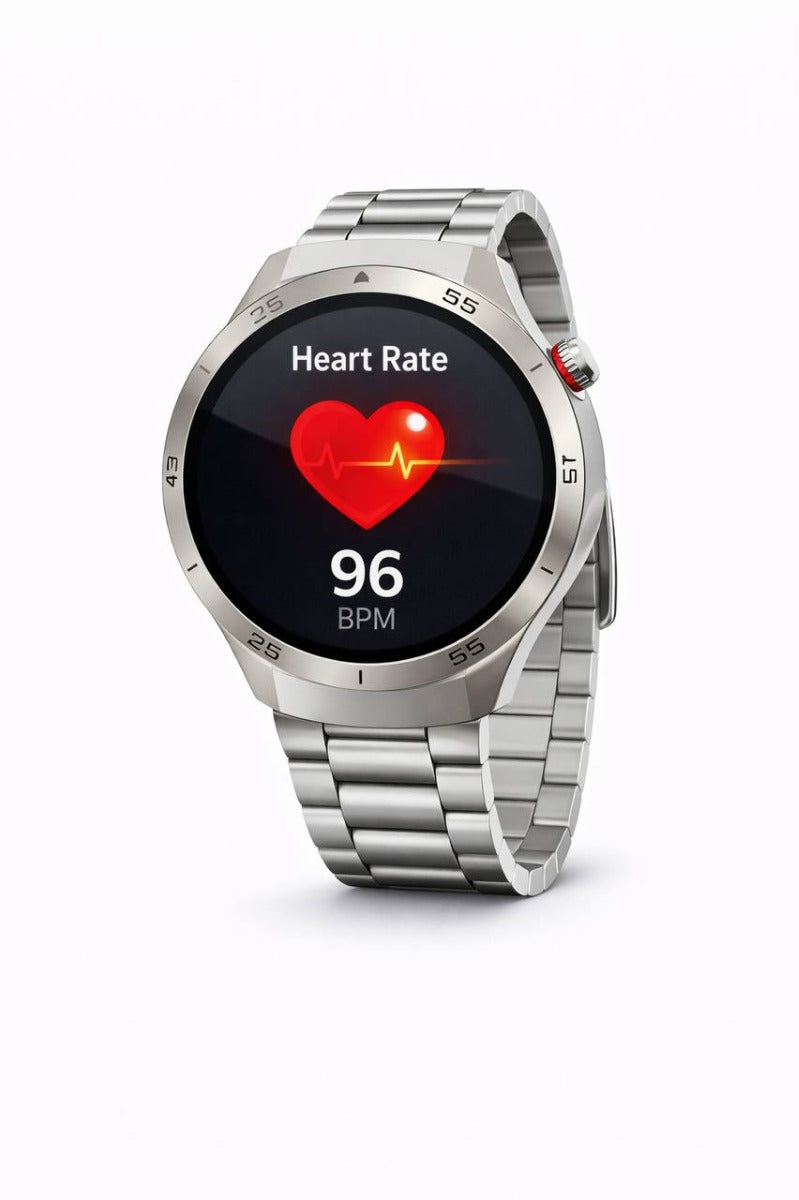 Smartwatch con cinturino metallico argento e quadrante Heart Rate rosso 96 BPM