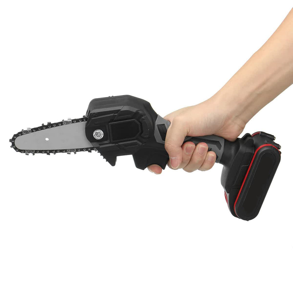 Mini motosega a batteria con impugnatura manuale e lama a catena