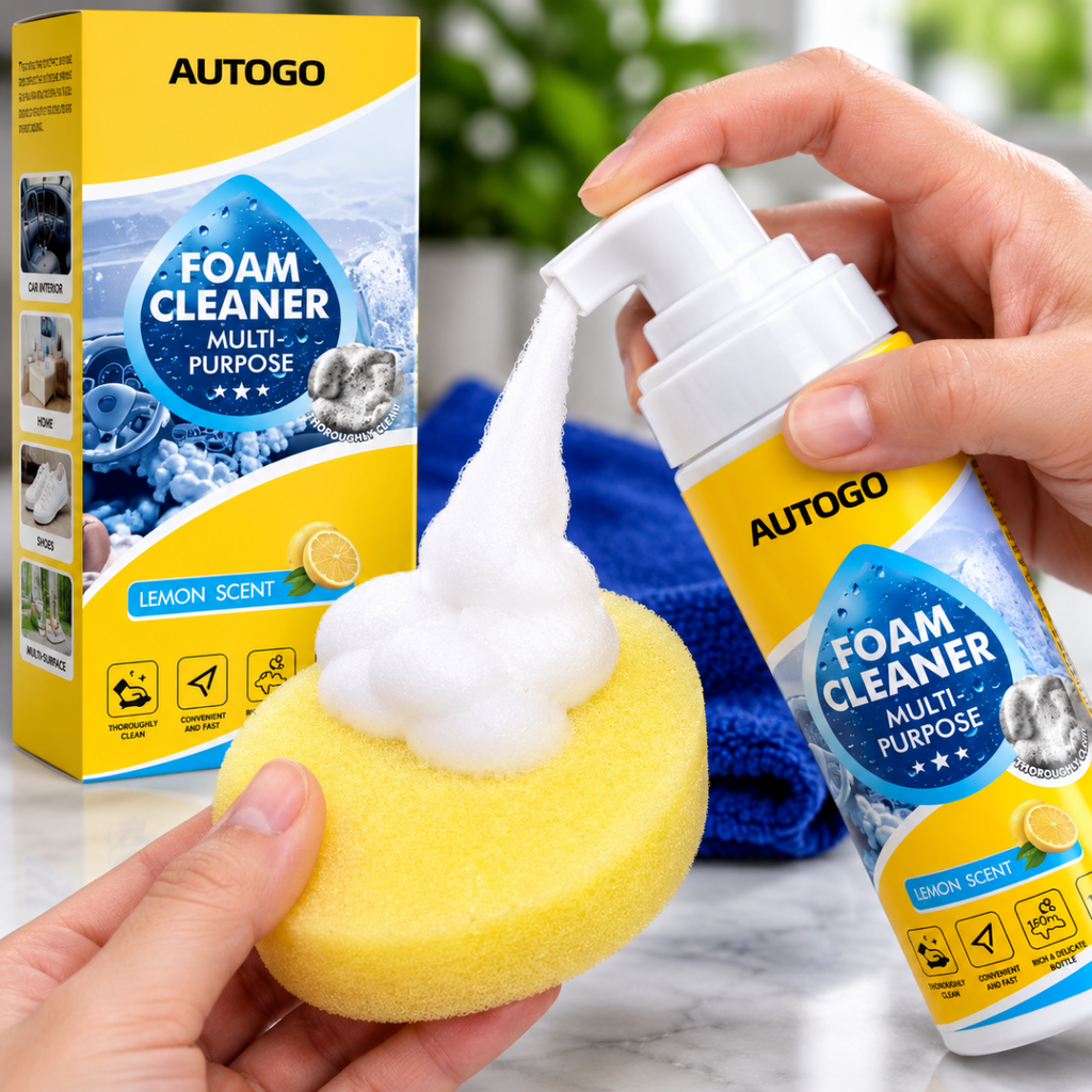 Spugna con schiuma e flacone AUTOGO Foam Cleaner al limone, panno microfibra