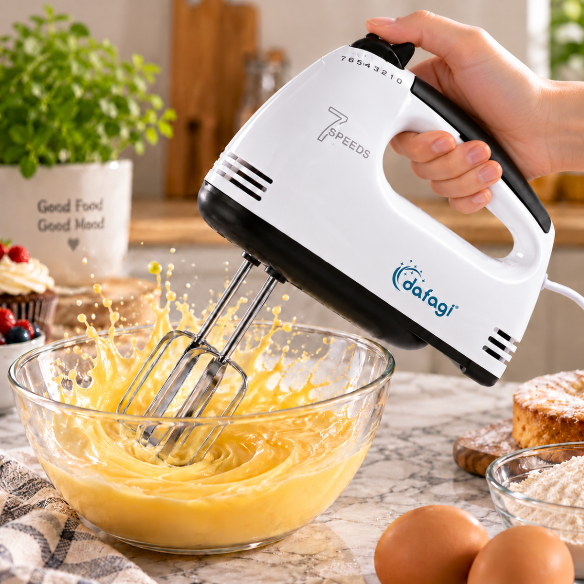 Sbattitore elettrico bianco e nero con fruste in acciaio inox su impasto in ciotola