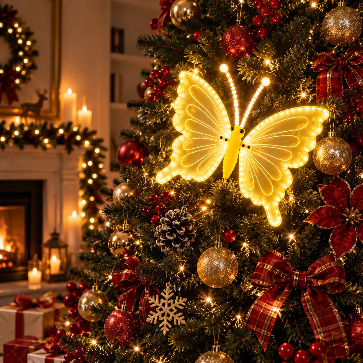 Farfalla LED decorativa bianco caldo su albero, luci a sagoma di farfalla