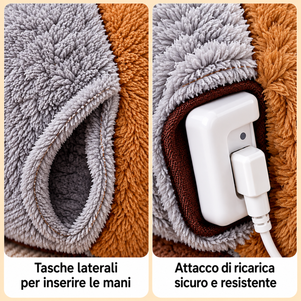 Cuscino elettrico riscaldante: tasche laterali e attacco di ricarica resistente