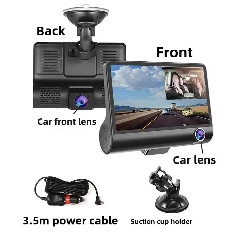Dash cam a doppia lente con obiettivo anteriore e posteriore, supporto a ventosa