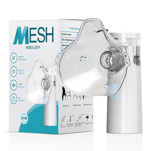 Nebulizzatore portatile ultrasuoni bianco con maschera facciale e serbatoio trasparente.