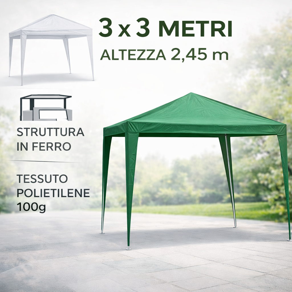 Gazebo 3x3 m da Esterno con Struttura in Ferro e Telo in Polietilene 100g – Altezza 2,45 m – Robusto, Impermeabile, Facile da Montare