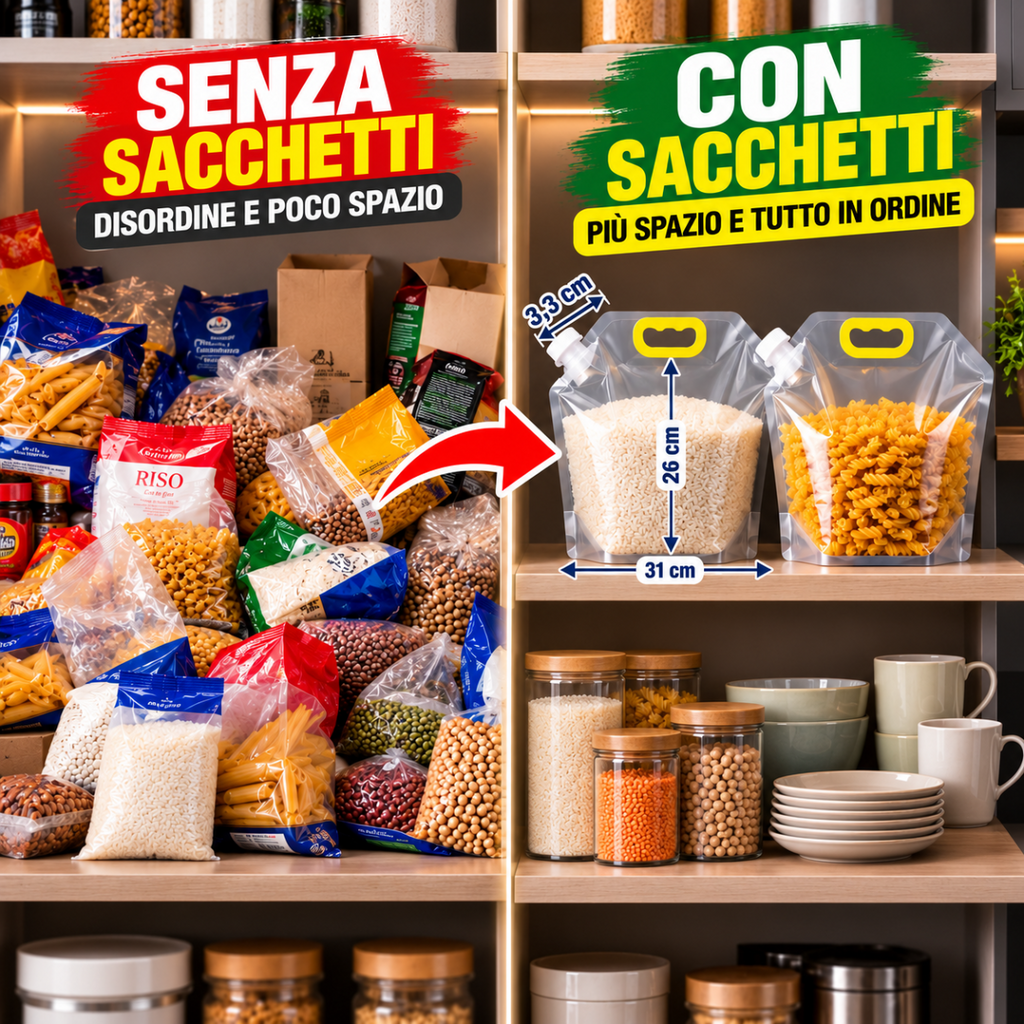 Set di sacchetti salvaspazio trasparenti con maniglia gialla e beccuccio, in dispensa