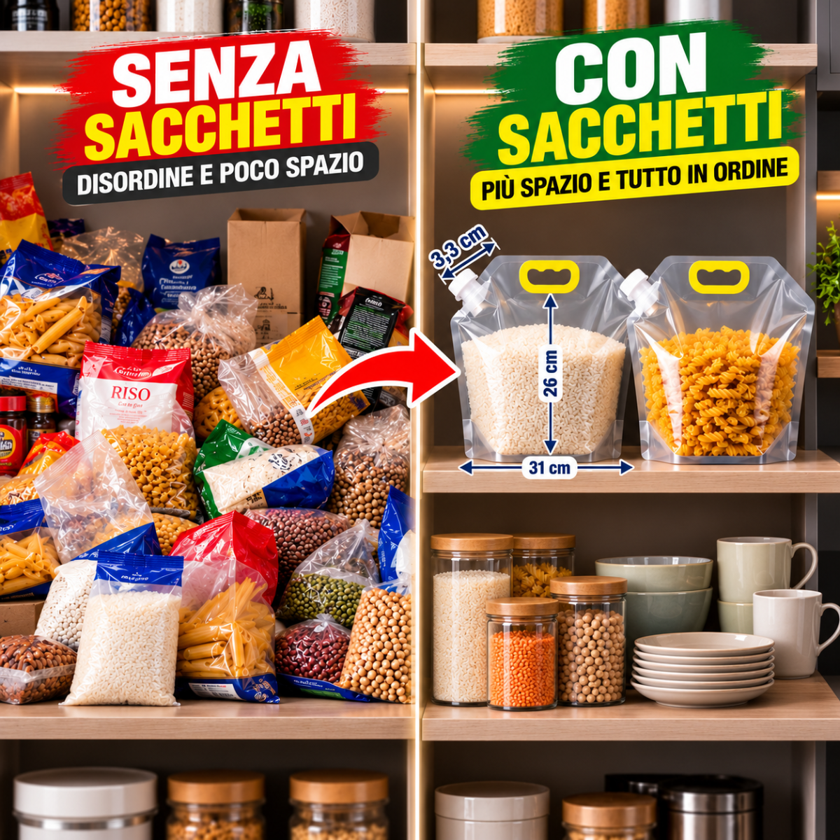 Set di sacchetti salvaspazio trasparenti con maniglia gialla e beccuccio, in dispensa
