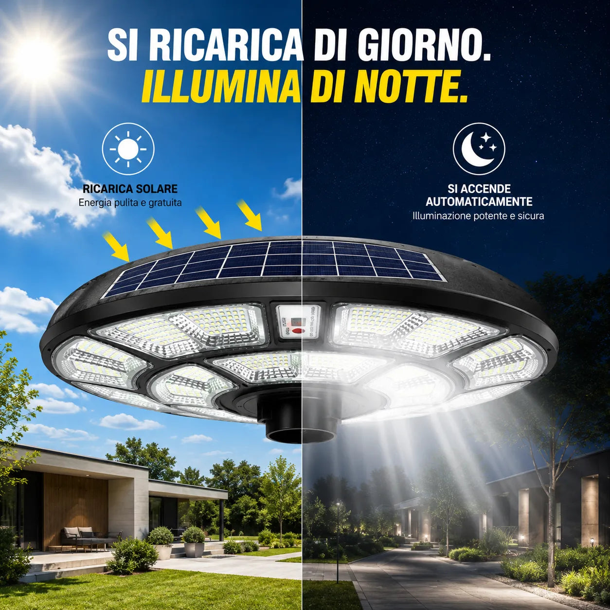 Lampione Solare Stradale a LED 2000W con Telecomando - Design UFO e Pannello Solare Integrato