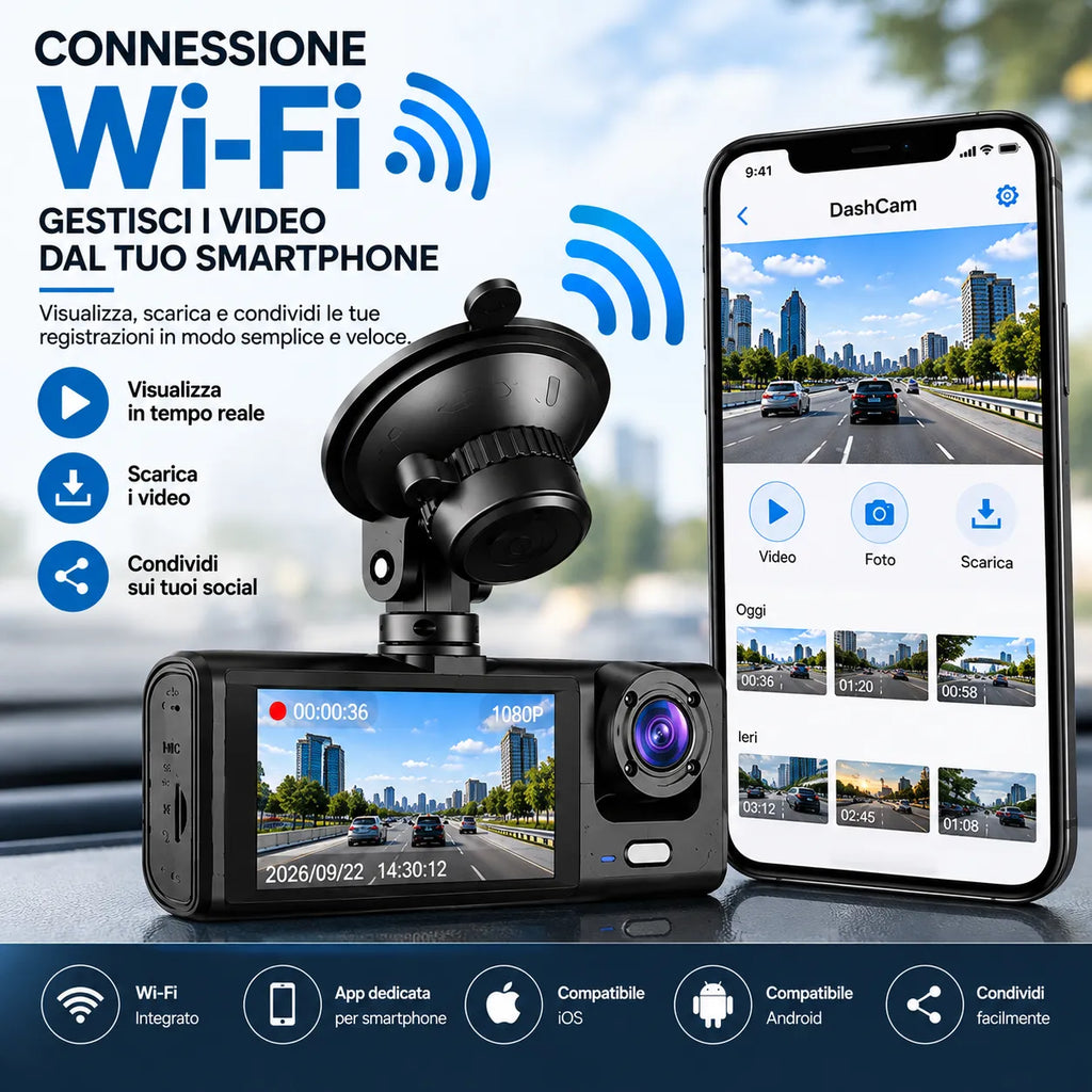Dash cam auto Wi‑Fi Full HD con display, G‑sensor e supporto microSD 64GB