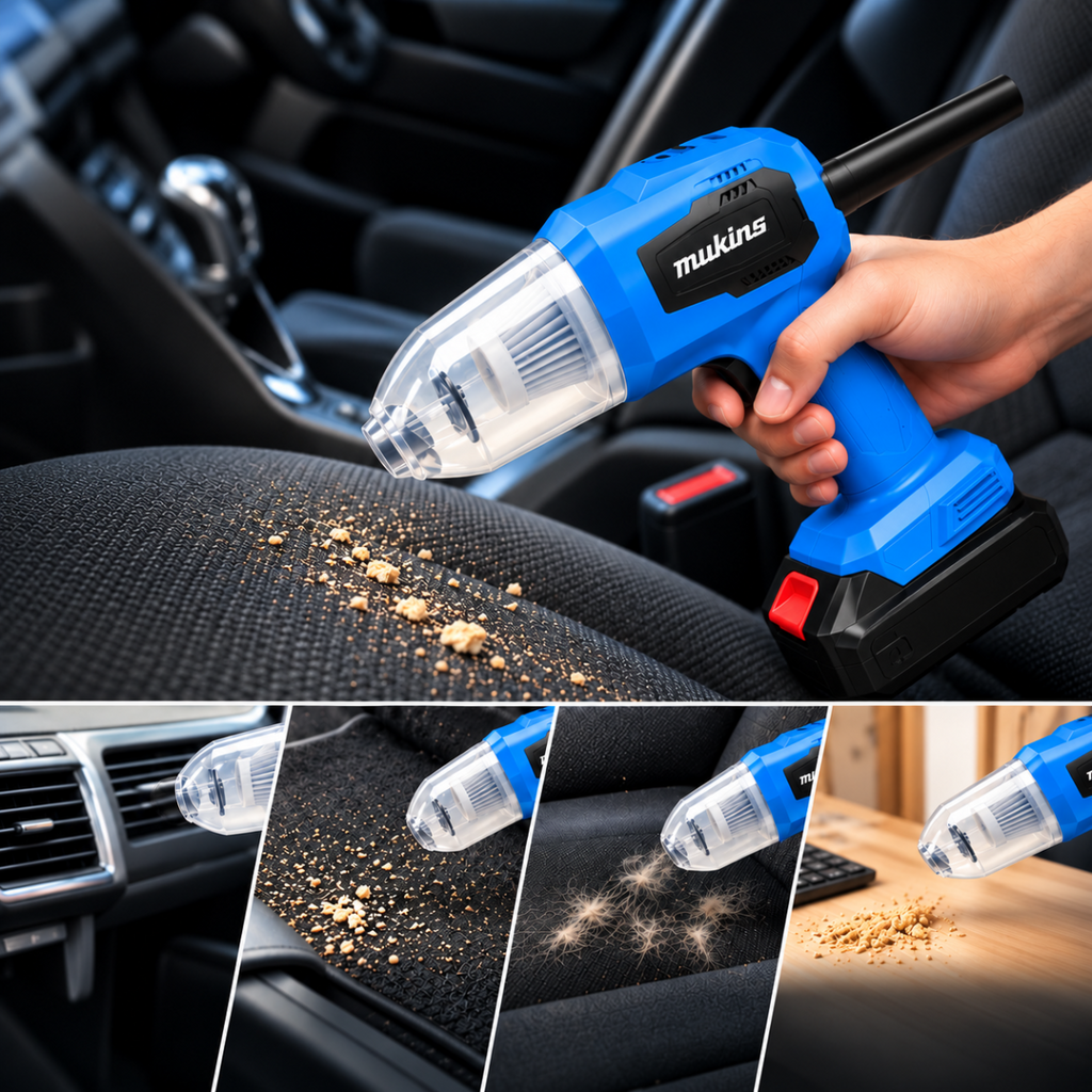 Mini aspirapolvere portatile blu con ugello e contenitore polvere trasparente