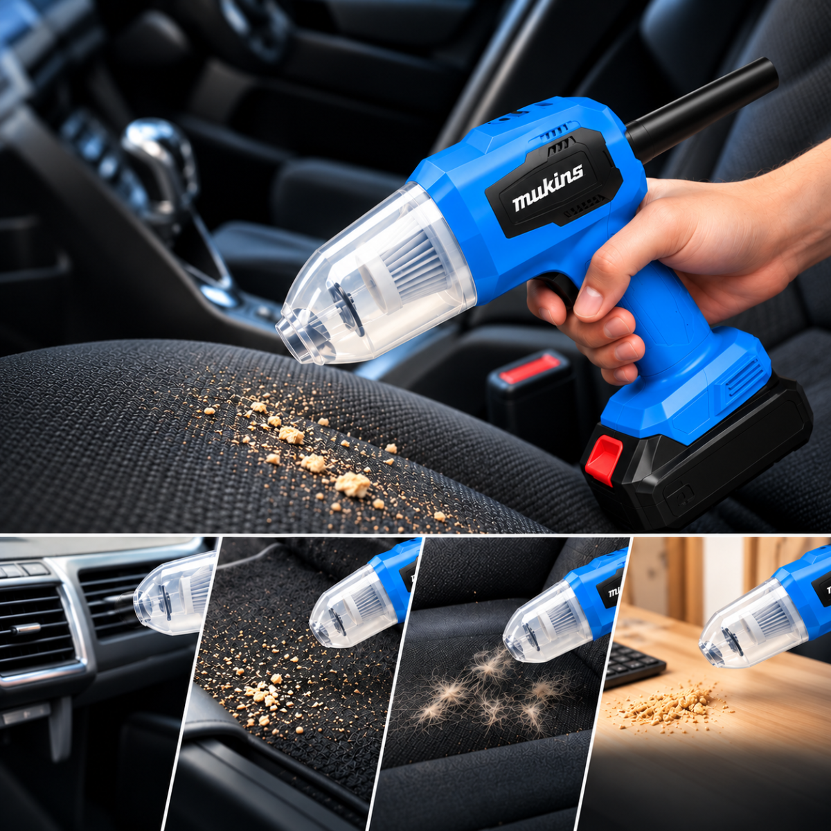 Mini aspirapolvere portatile blu con ugello e contenitore polvere trasparente