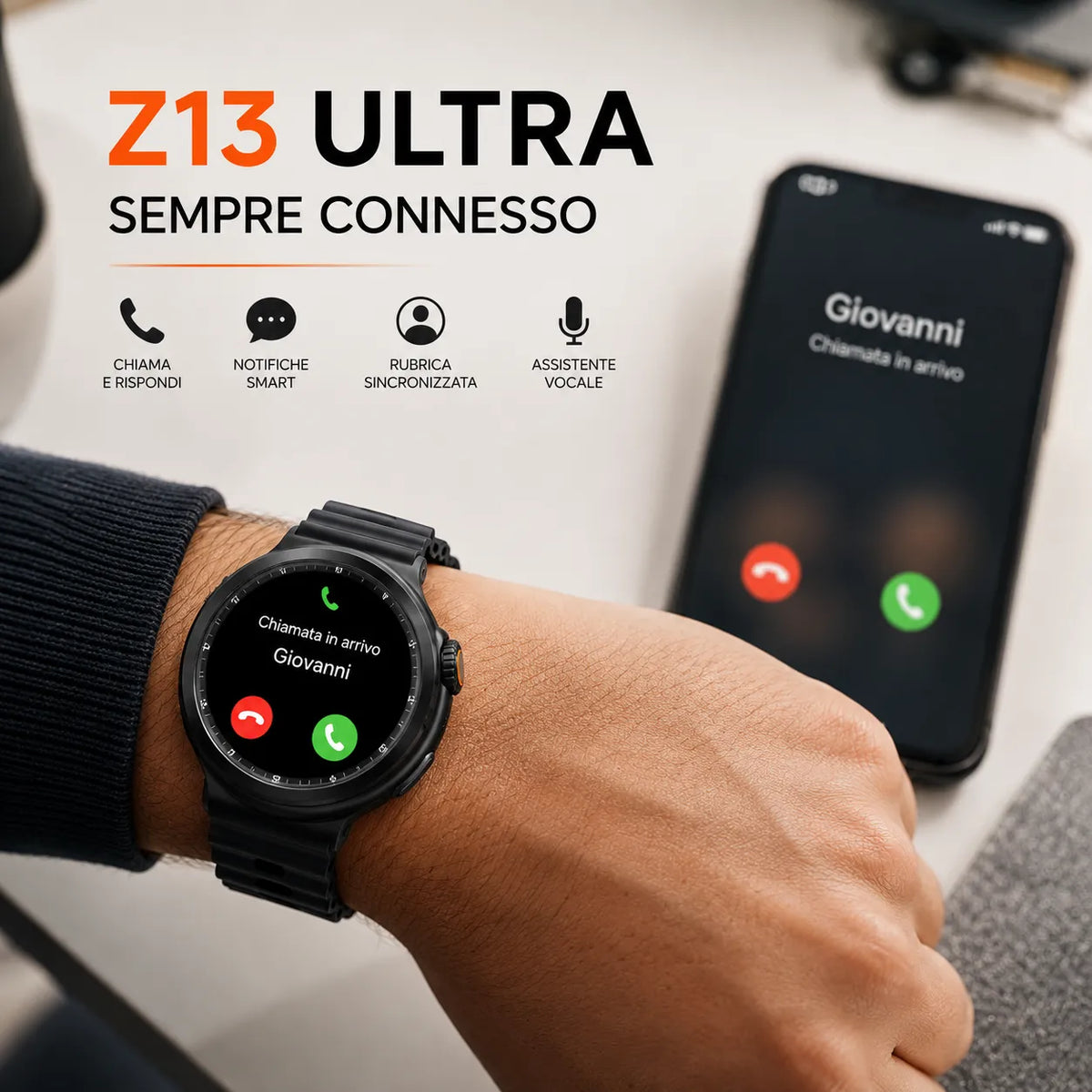 Smartwatch nero con schermo circolare, indossato al polso