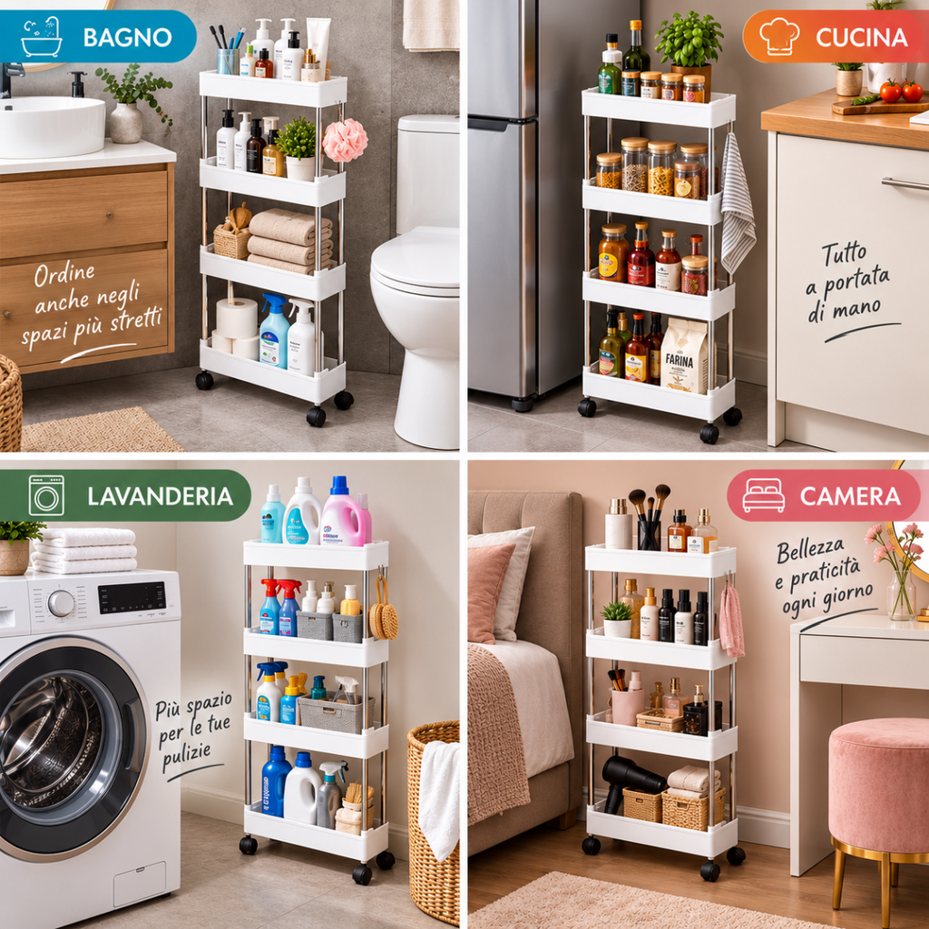 Carrello portaoggetti a 4 ripiani con ruote, per bagno, cucina e lavanderia