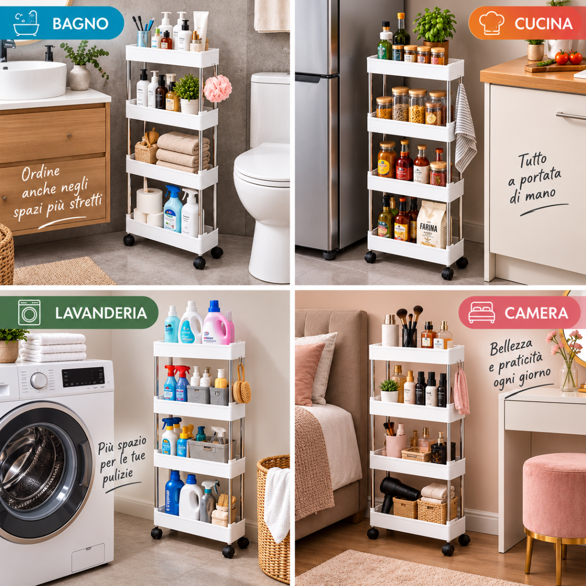 Carrello portaoggetti a 4 ripiani con ruote, per bagno, cucina e lavanderia