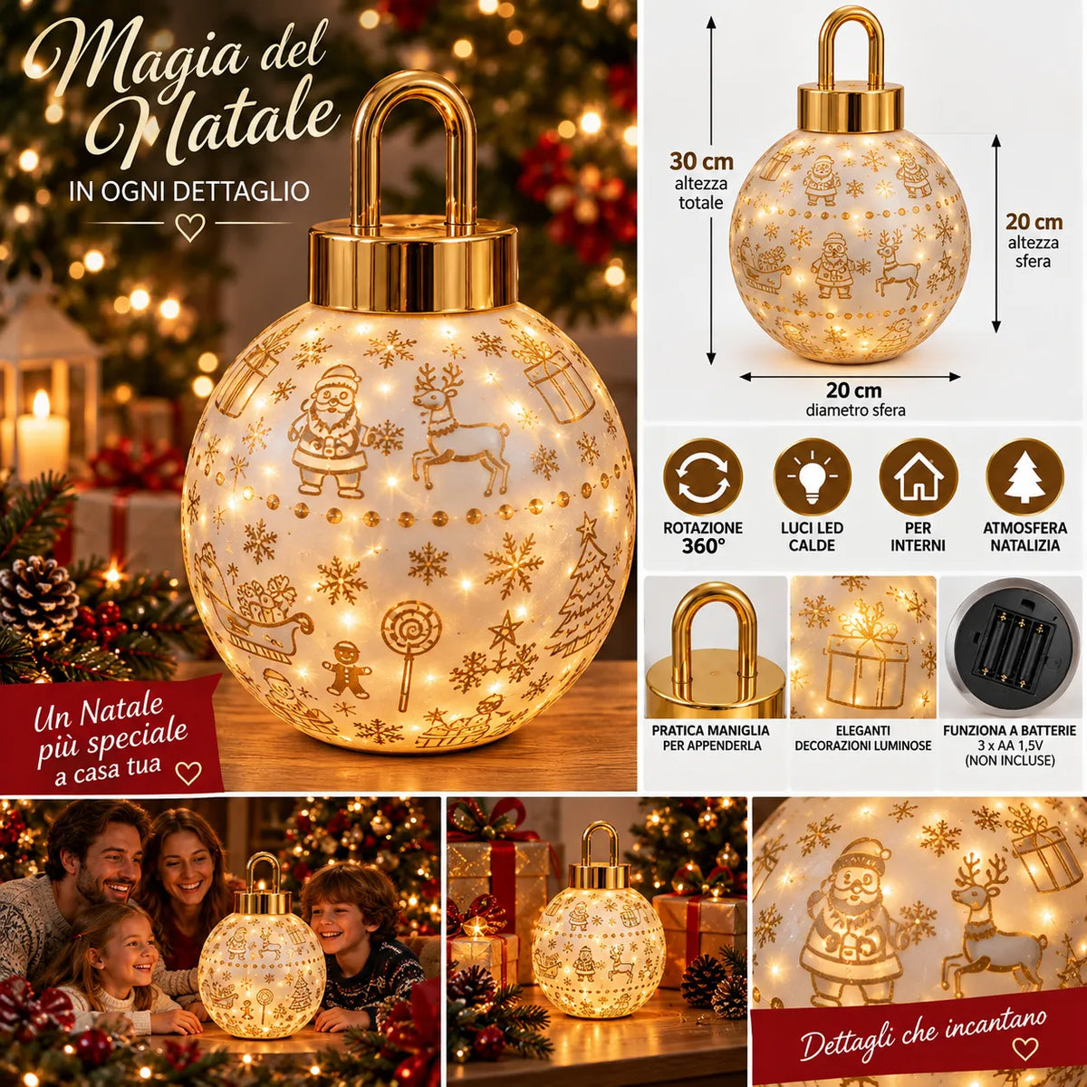Palla di Natale luminosa LED dorata con decorazioni natalizie e maniglia