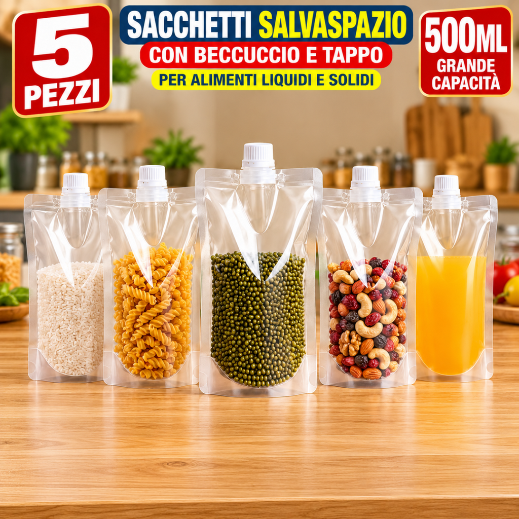 Set 5 sacchetti salvaspazio 500 ml con beccuccio e tappo ermetico, riutilizzabili