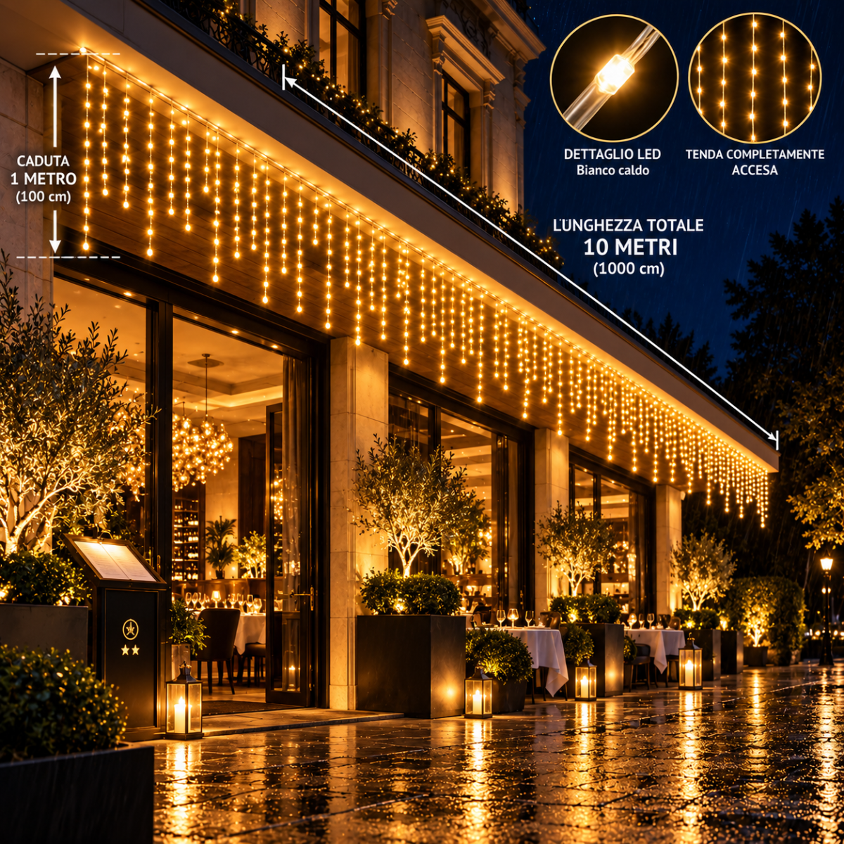 Tenda luminosa natalizia a pioggia, 250 LED bianco caldo, 10 m e caduta 100 cm.