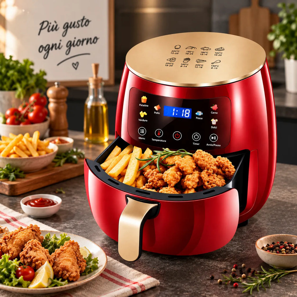 Friggitrice ad aria 8L rossa con cestello estraibile antiaderente e display LED touch