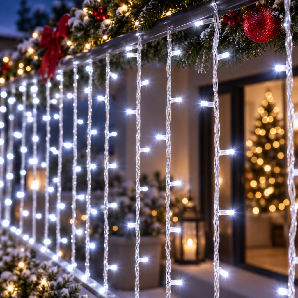 Tenda luminosa LED a cascata con fili verticali bianchi
